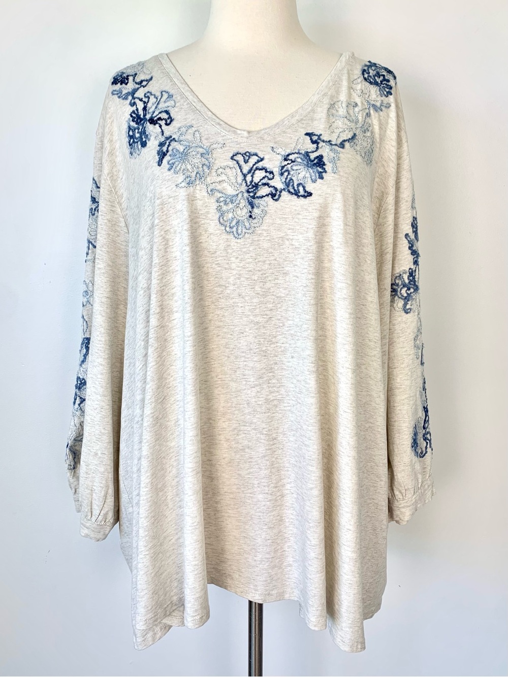 NWT Pure Jill J Jill Embroidered Floral Cotton Top 4X Oatmeal Blue Cottagecore